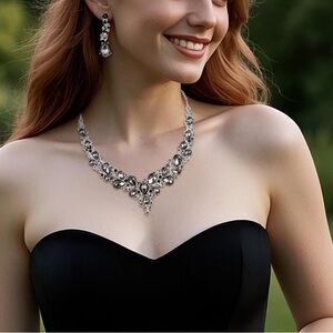 Elegant Silver Jewelry Set Dark Gray Stone Accents (Necklace/Earrings/Bracelet)